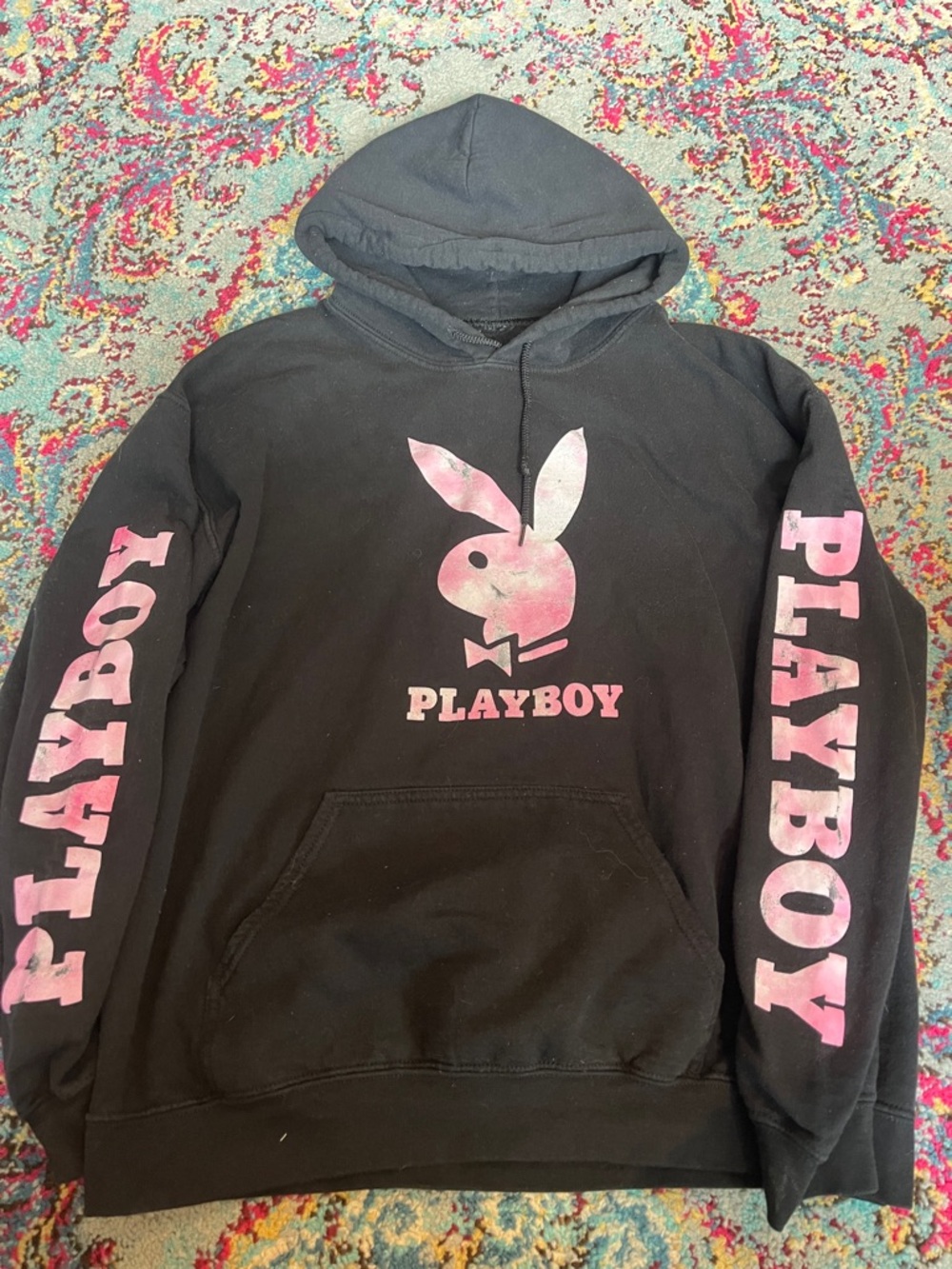 PLAYBOY Black Hoodie with Pink Logo and Sleeve Text